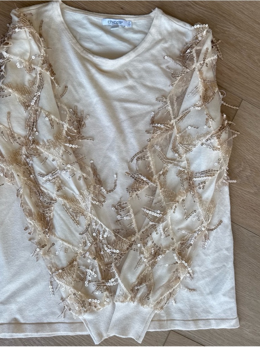 Chico's Cream Sweater with Gold Sequin Fringe Detail